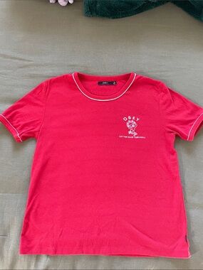 Obey Red Short Sleeve Graphic Ringer Tee with White Trim